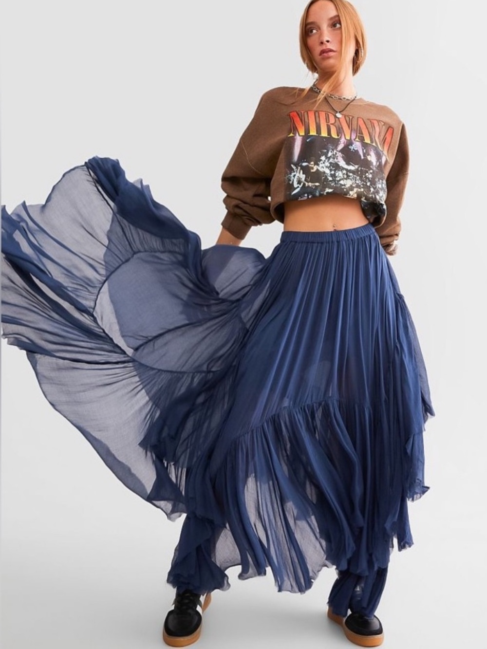 FREE PEOPLE ONE CLOVER MAXI SKIRT in DRIED INDIGO | SMALL